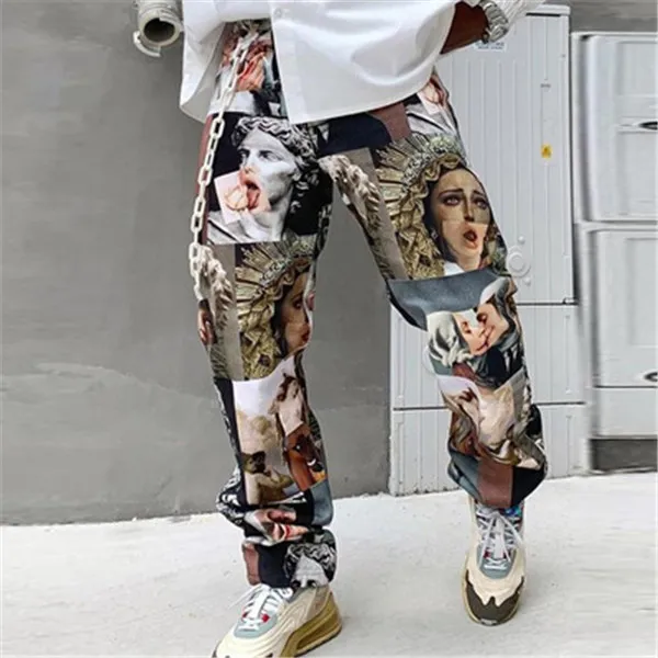 Homme non-jean pantalon imprimé droit ample taille moyenne pantalon décontracté hommes motif impression et teinture pantalon 229P