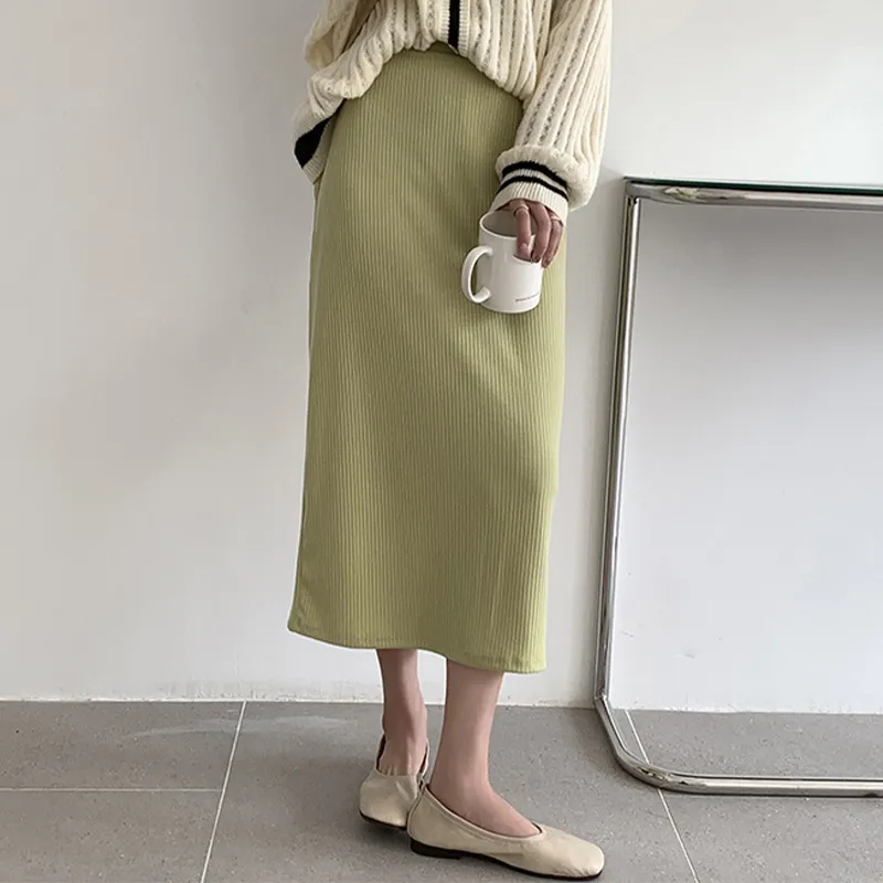 Women's Skirt Straight Elastic High Waist Knit Female One-step Skirts Solid Candy Split Mid-calf Spring Summer Young Style 210518