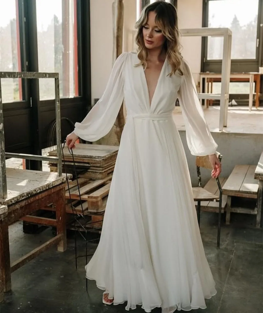 knee length dresses for ladies V-neck Chiffon Summer Bride Dress with Loose Sleeves – loveangeldress main image 0