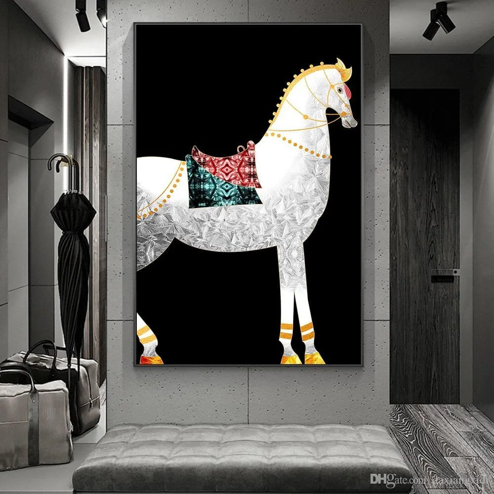 Abstract White Horse Black Background Modern Art Canvas Painting Wall