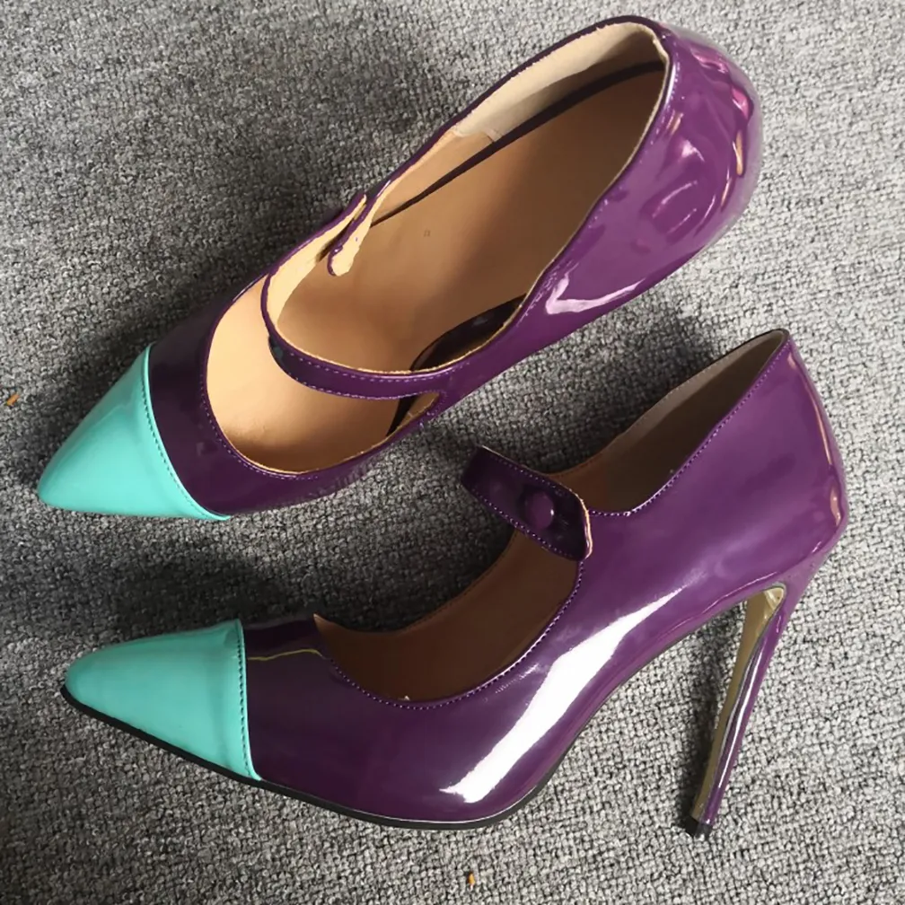 Handmade Large Size US5-15 Ladies High Heels Dress Shoes Patent Leather Twotones Mary Janes Evening Daily Wear Fashion Court Pumps D661-3 Purple-Blue