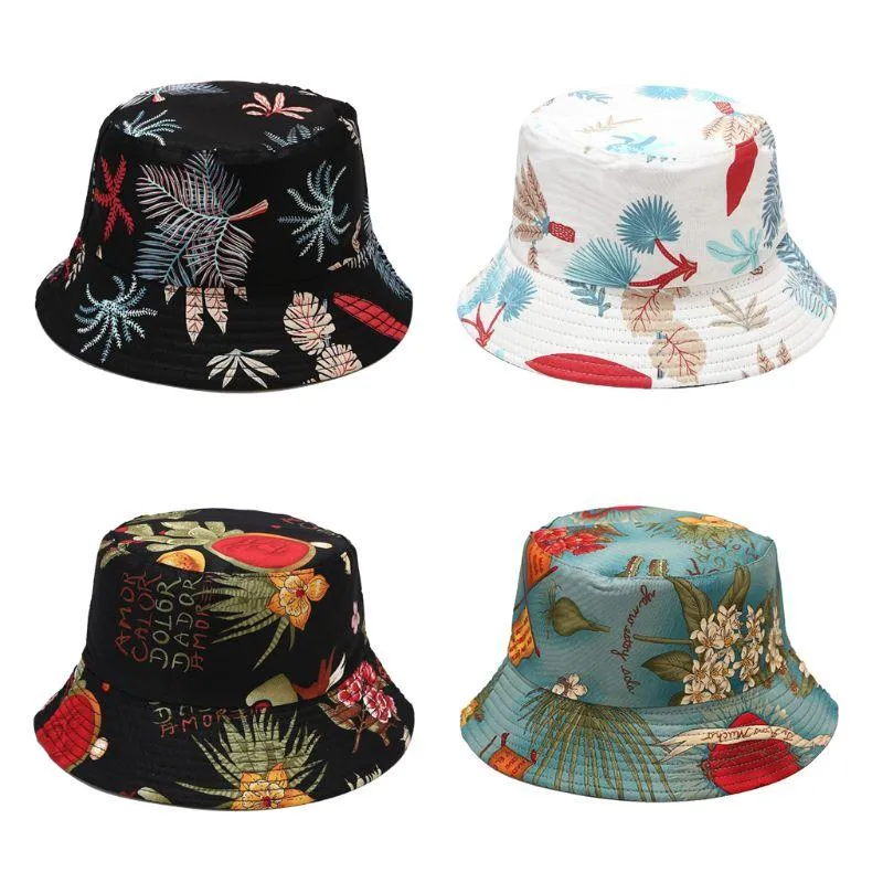Unisex Marine Plants Printed Reversible Bucket Hat Colorful Leaves Floral Harajuku Wide Brim Double Sided Fisherman Cap Hats