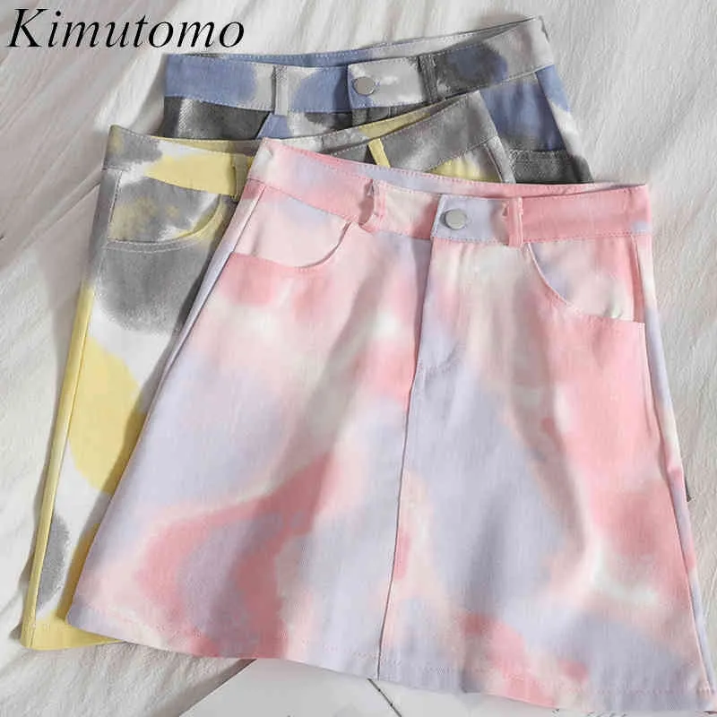 Kimutomo Elegant Denim Skirt Women Thin Tie-dye Spring Summer Korean Fashion Female High-waisted Pockets Mini Skirt 210521