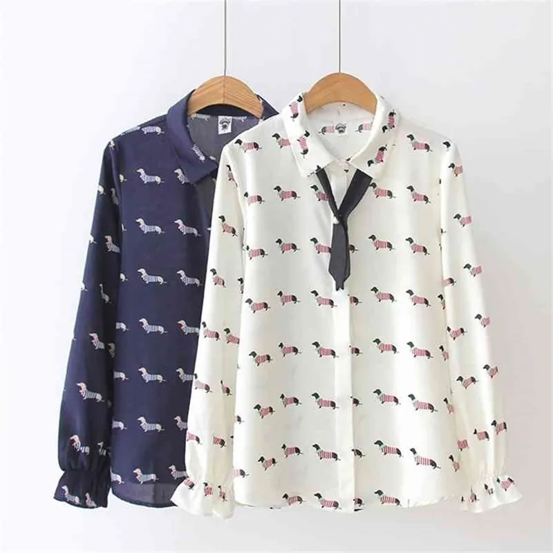 Cute Dachshund Print Women Blouse Chiffon Shirt Preppy Style Dog Turn-down Collar Bowtie Flare Sleeve Spring Autumn T83701 210421