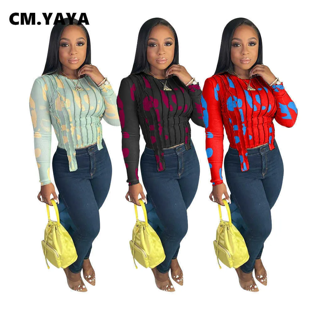 CM.YAYA ActiveWear Imprimir Patchwork Drapejado O-pescoço Irregular T-shirt Moda Manga Longa Tee Tops para Mulheres ao ar livre X0628