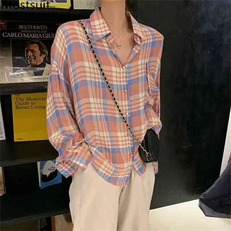 Höst plaid koreanska casual bluses tröjor kvinnor långärmad nedgång krage lös mode lat stil flicka kläder blusas 210513