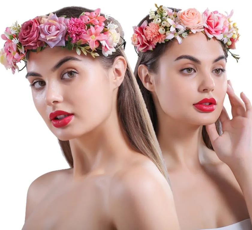 Золотая повязка на голову Haimeikang Boho Women Rose Flower Crown Beach Headwear Headwear Floral лента для волос ленты венок aclhmy2141