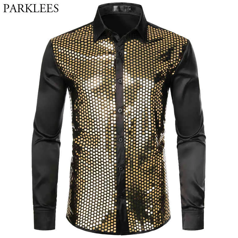 Shiny Gold Plaid Sequin Men Shirt Long Sleeve Silk Black Shirt Men Nightclub Disco Prom Button Up Dress Shirts Mens Hombre 210524