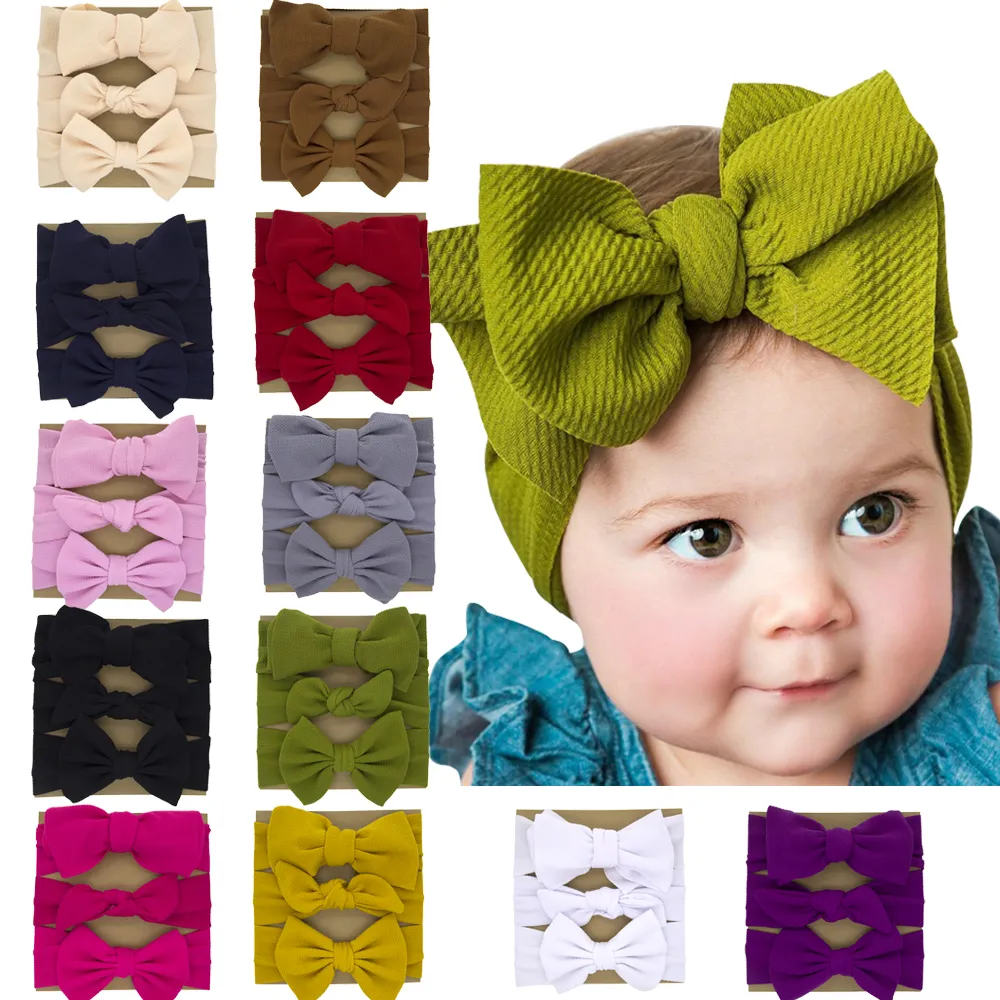 Baby Girls Big Bow Headbands 3pcs Set Kids Elastic Bowknot Hairbands Headwear Wide Headdress Infant Toddler Turban Head Wraps Solid Color KHA139