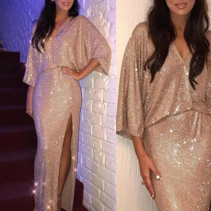 Gold Sequins Sparkly Evening Dresses V Neck Side Slit Long Sleeves Custom Made Plus Size Prom Party Ball Gown Vestido estido