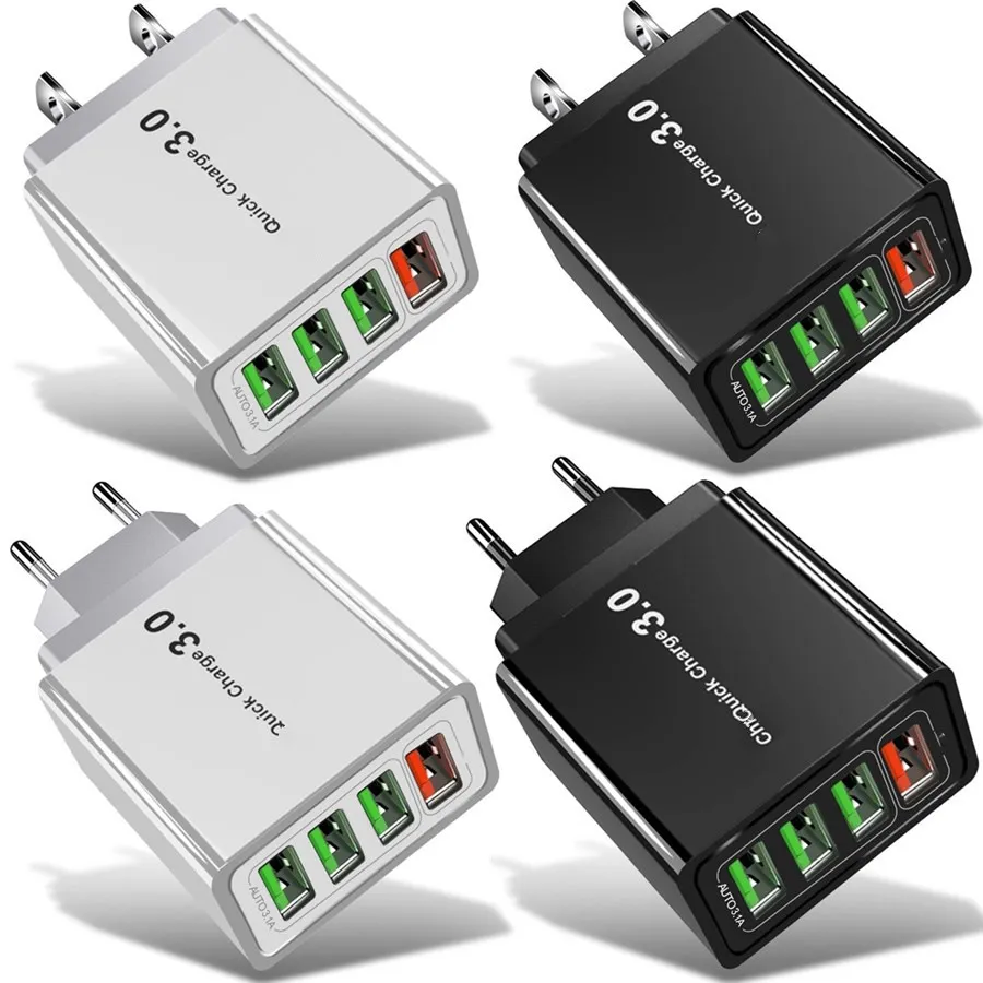 Szybkie szybkie ładowarki telefonu komórkowego 4 porty QC3.0 30W UE US Plug Wall TALL WALL Adapter dla iPhone'a 15 11 13 14 Samsung S10 S8 S9 PC PC PC PC