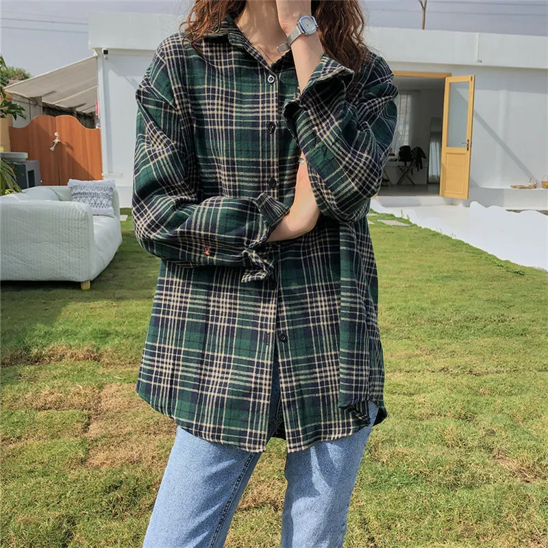 Japansk Plaid Fritid Geometrisk Stor Storlek Toppar Kontor Loose All Match Kvinnor Casual Blusar Långärmade T-shirts 210421