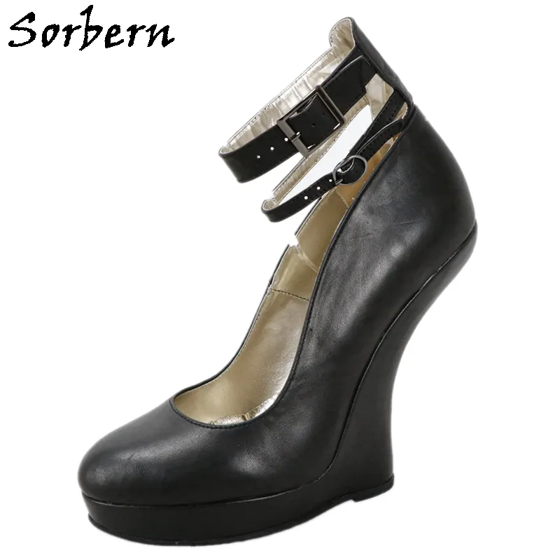 Sorbern Black Platform Genuine Leather Women Shoes No Heels Ankle Strap Heelless Pump Sexy Fetish Wedge