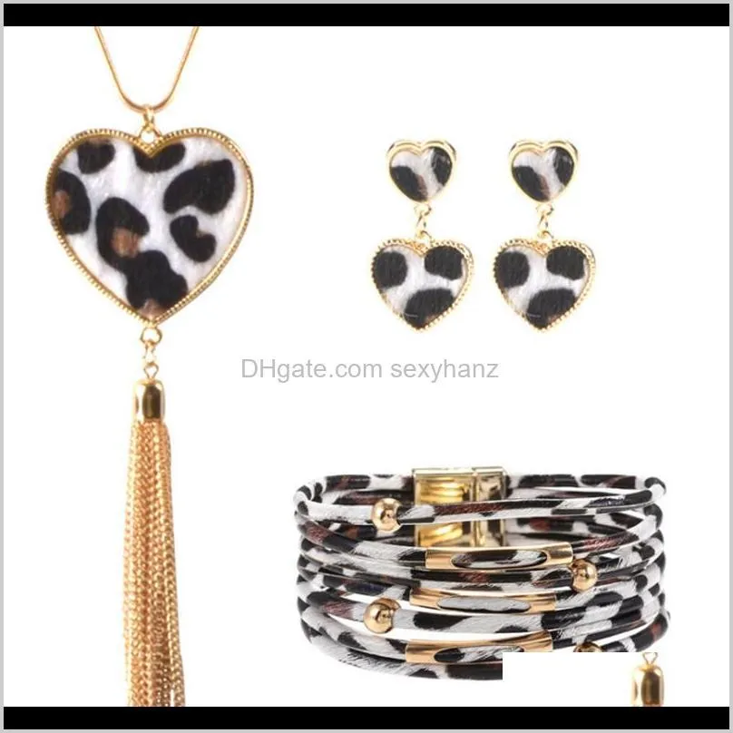 Leopard Jewelry Set For Women Leopard Leather Bracelet Teardrop Drop Dangle Earrings Long Tassel Pendant Necklace1