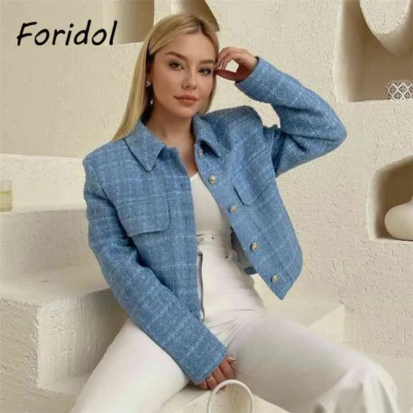 Enkele knop Tweed Gebreide Blazer Jas Vrouwen Lente Herfst High Fashion Streetwear Korte Top Lichtblauw 210427