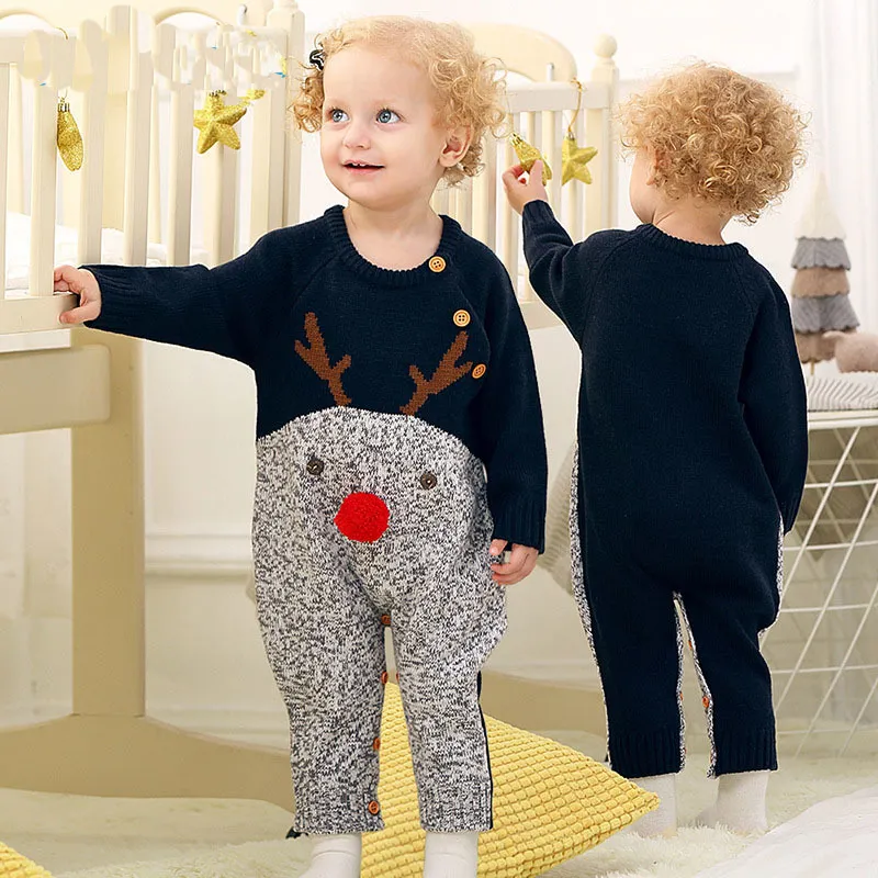 born Baby Kid Knit Christmas Rompers Girl Boy Long Sleeve Jumpsuit Sweater Children Autumn Winter Warm Romper Clothes 210429
