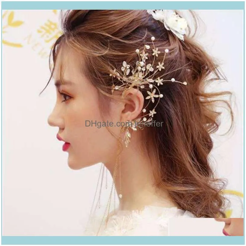 FactoryLORLexaggerated Earrings long tassel Rhinestone Flower ear Korean hanging headdress dual purpose Wedding Jewelry