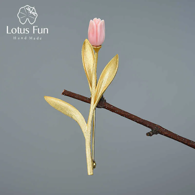 Lotus Fun Eternal Love Tulpe Blumenbroschen Real 925 Sterling Silber 18K Gold handgefertigtes Design Fein Schmuck Geschenk für Frauen 210628