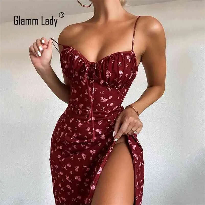 Glamm Lady Print Abiti sexy casual per le donne Bodycon Autumn Dress senza spalline Split Club Party Abiti con cinturino per spaghetti Abiti 210409