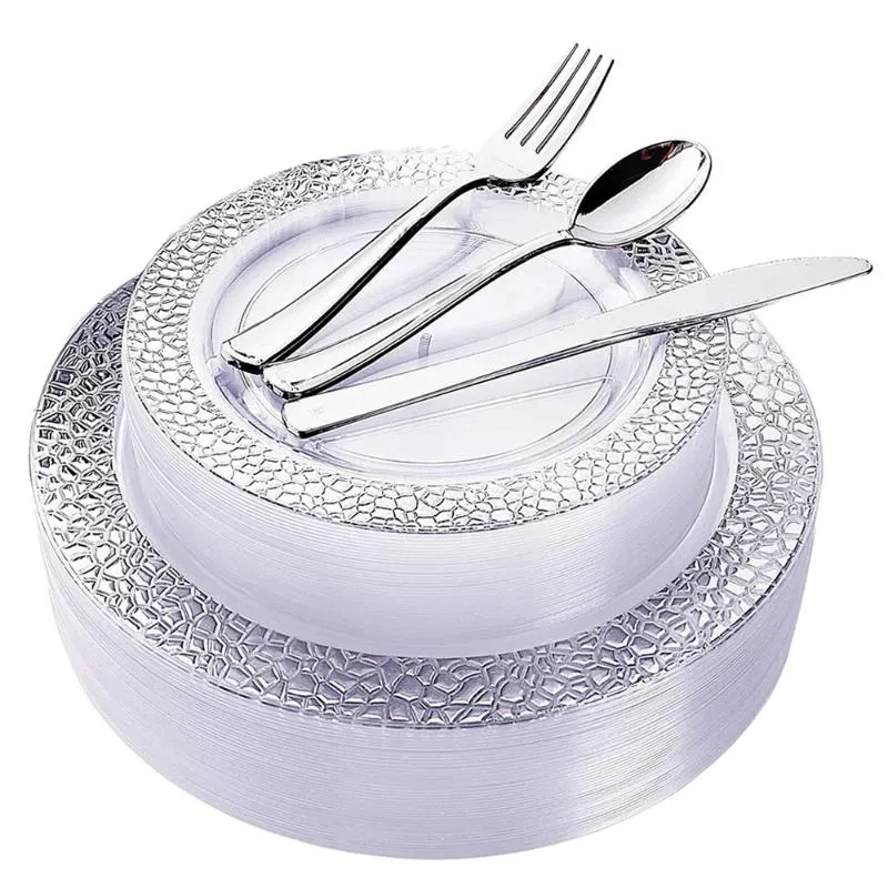 Tek kullanımlık yemek takımı 50 sofra takımı 7.5 inç ve 10.25 gümüş dantel plastik plaka gümüş eşyalar sedding doğum günü partisi dekorasyonu