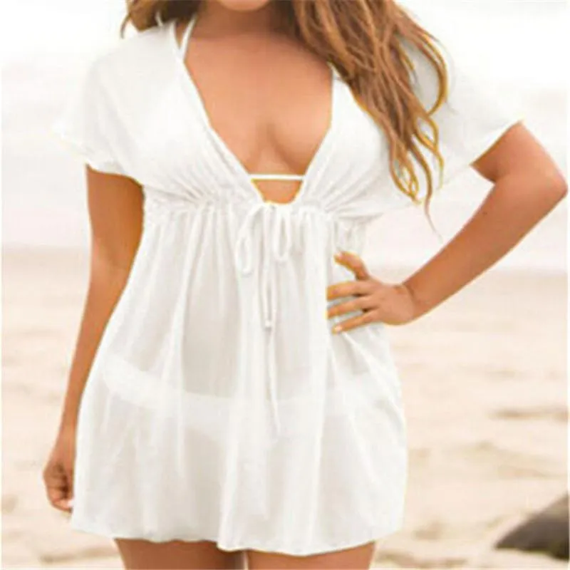 Solid Bandage Hollow Bikini Swimsuit Cover Up Dress Top Beachwear For Women Sarongs