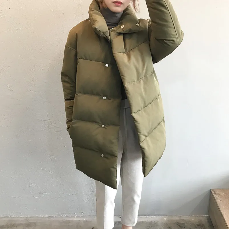 Mulheres Amy Verde Oversize Longo Parkas Grosso Inverno de Manga Longa Botões Bolsos Feminino Casaco Quente ASF73 210422