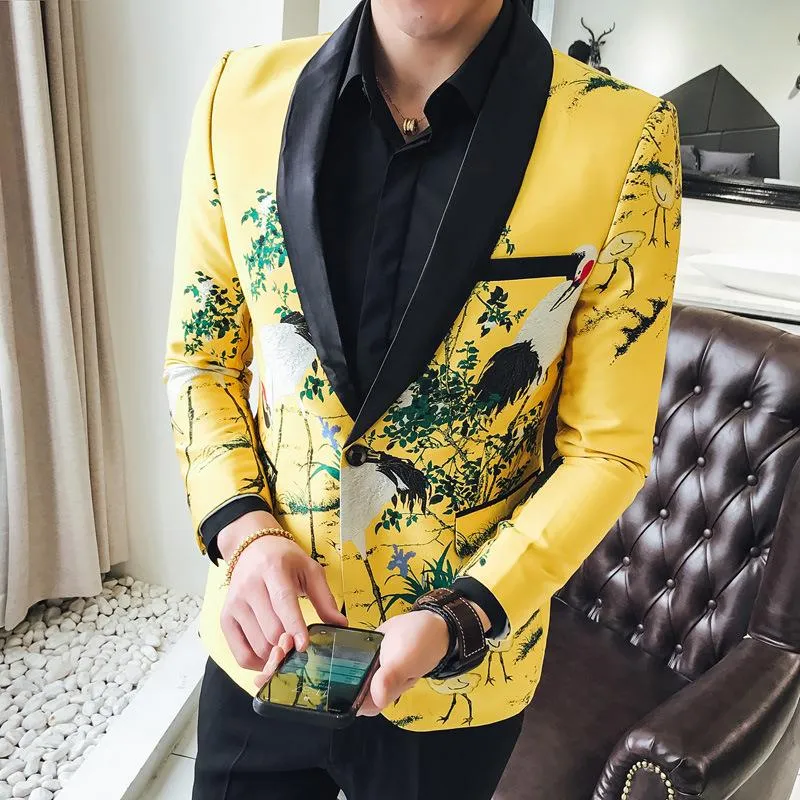 Rsfocus Shawl Collar Yellow Blazer Men 2021 Slim Fit Floral Jacquard Prom Party Blazers For Stylish Wedding Stage Wear XZ190 Men s Suits