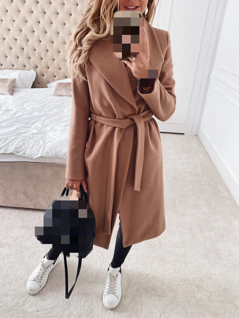 Winter Warm Wool Trench Womens Coat Oversize Lace Up Black Midi Female Coats Autumn Elegant Fashion Ladies Outerwear