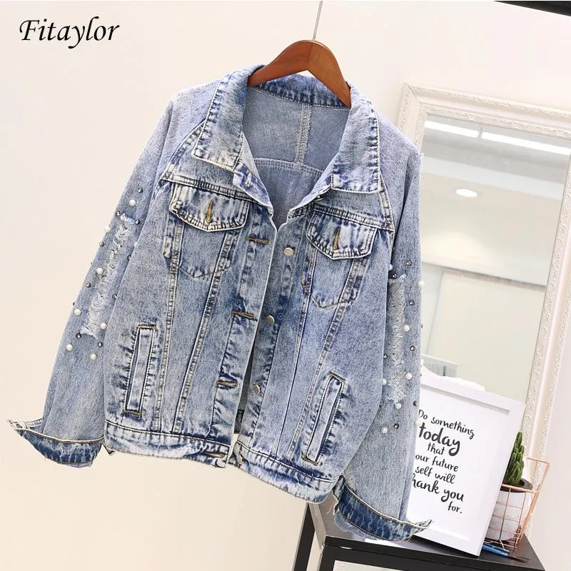 Vestes pour femmes Femme Denim Printemps Harajuku Hip Hop Veste Perles Lâches À Manches Longues Bleu Jeans Manteau De Mode