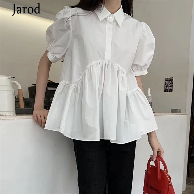 Mode coréenne solide manches bouffantes Blouse femmes ourlet plissé conception vêtements d'été Simple blanc Laides 210519