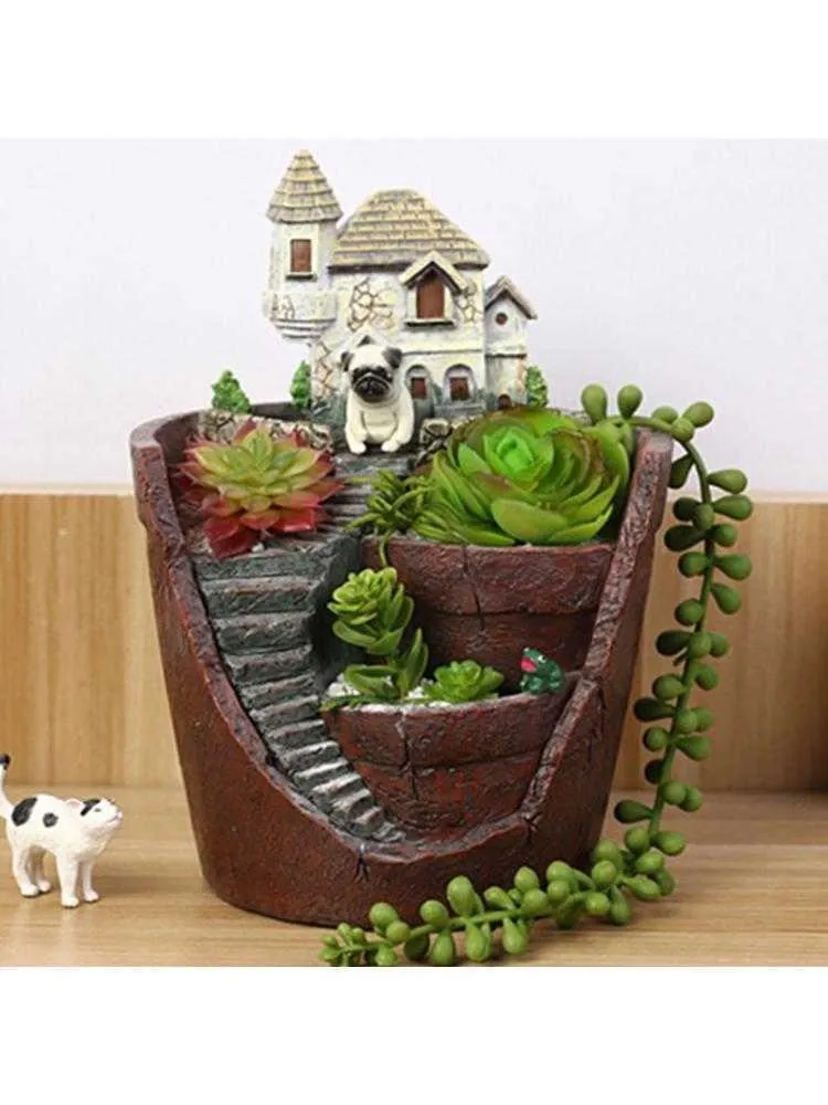 Mini maison figurines résine pot de fleur pour herbe cactus plantes succulentes planteur 210615