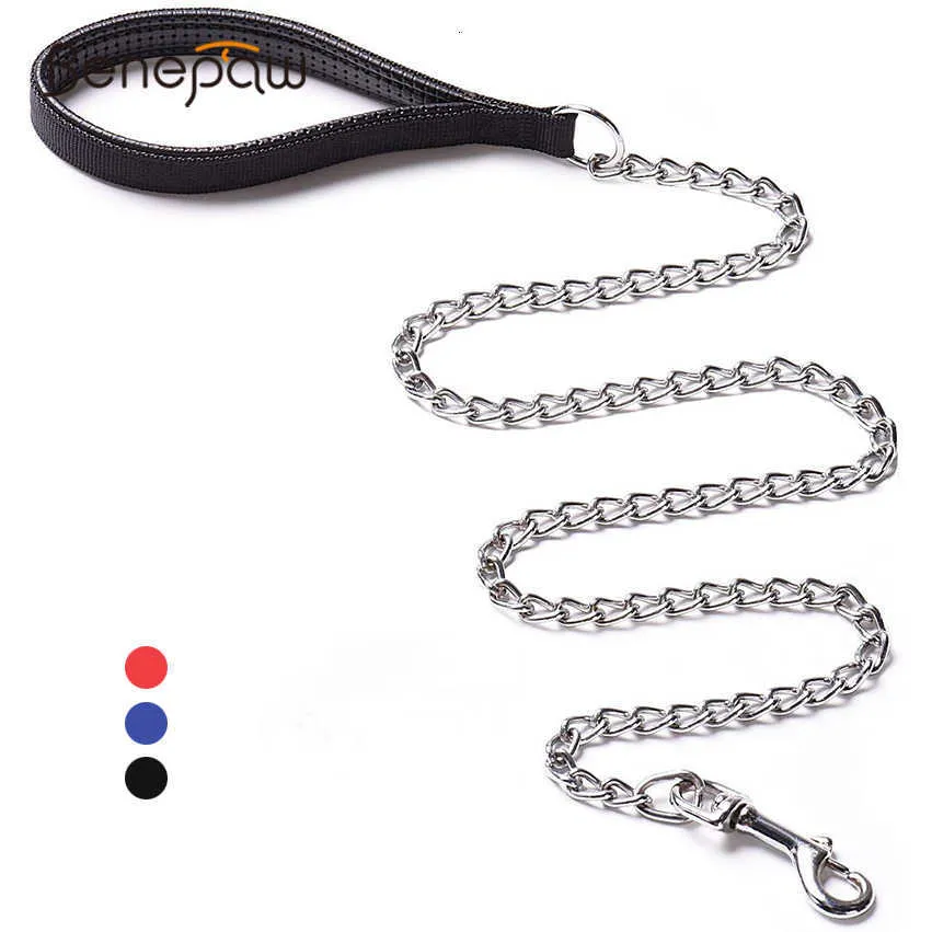 Beepaw Medium Duży Metalowy Dog Smycz Trwałe Wytrzymałe Wygodne PU Skórzane Wyściełane uchwyt Pet Wiązka Leash Training Pitbull 210712