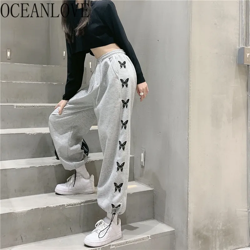 Sweatpants Vår Höst Print Hög midja Lös retro Kvinna Byxor Casual Koreansk stil Byxor Dragsko 19627 210415