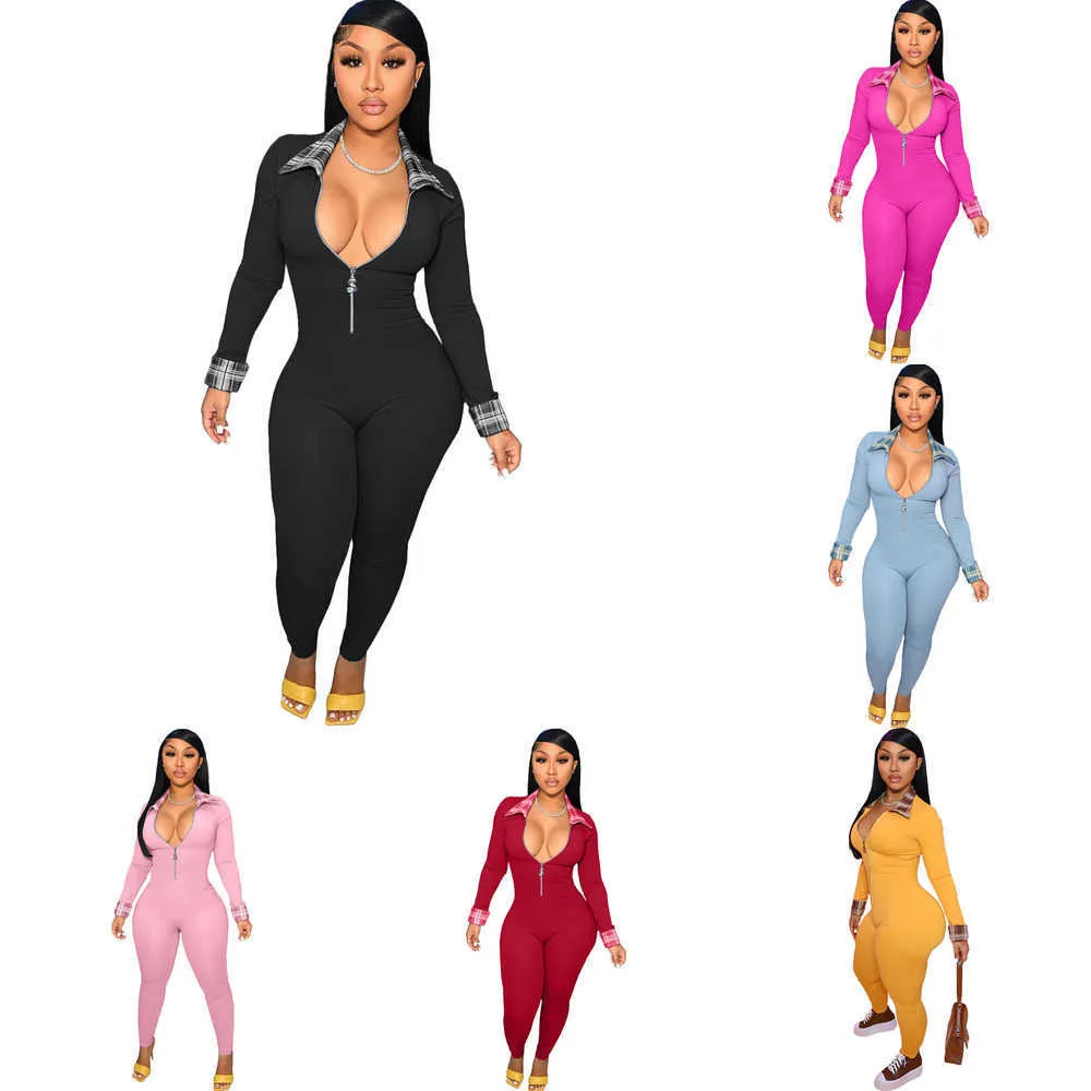 Women Jumpsuits Designer Onesies Overalls Clothing Fashion Long Sleeve Sexy V-neck Zipper Plaid Stitching Rompers