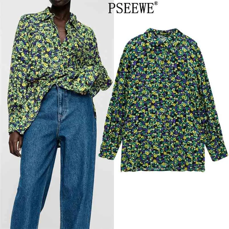 Spring Green Floral Print Women Shirts Vintage Long Sleeve Button Up Shirt Female Streetwear Casual Woman Blouse 210519