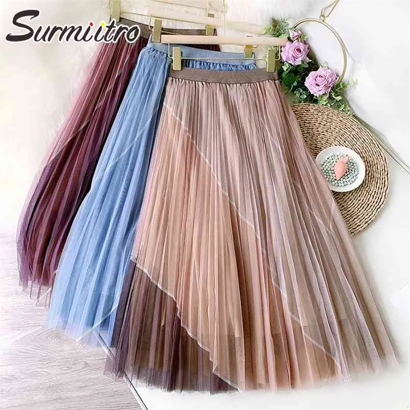 Koreanska stil tutu tulle lång kjol kvinnor vår sommar stava färg mesh hög midja pläterad midi kvinnlig 210421