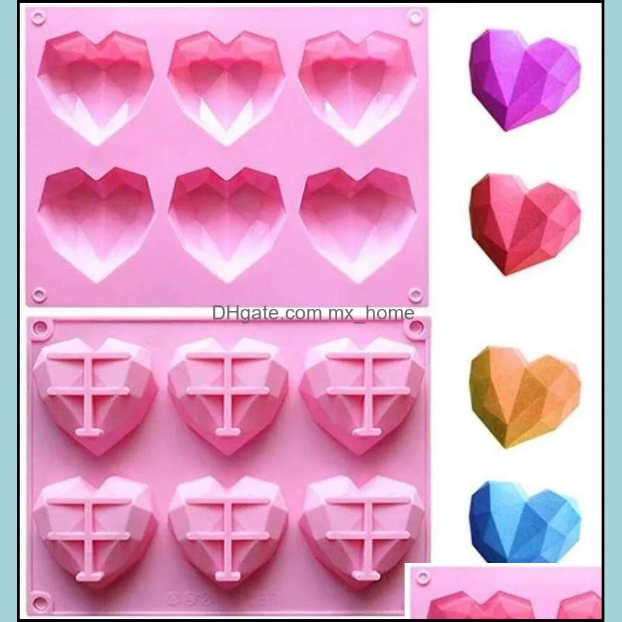 Baking Moulds 6 Cavity Diamond Love Silicone 3D Heart Shape Fondant Cake Chocolate Mold Mould Modelling Decor 04BD