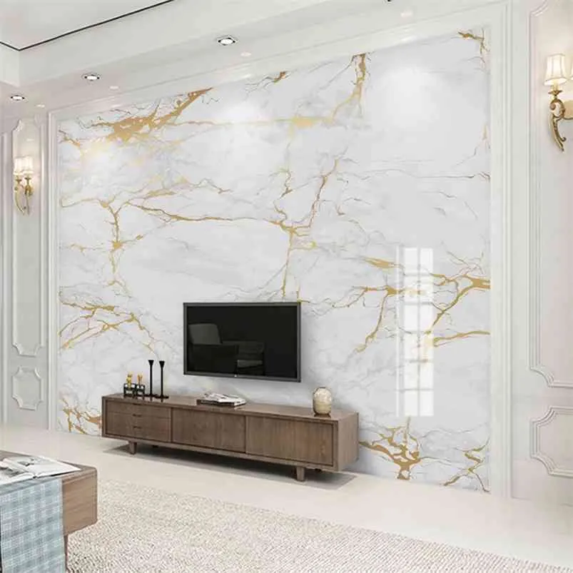 Personalizado Qualquer tamanho Mural Mármore White Marble Wallpaper Linha Dourada Pintura de parede Sala de estar TV Sofá Bedroom Decoração Home Papel Mural 210722