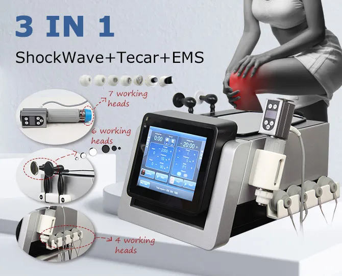 Smart Tecar Wave 3 en 1 CET RET Thérapie de diathermie Suppression de la douleur Traitement combiné par ondes de choc ED et machine multifonction de stimulation musculaire électrique EMS