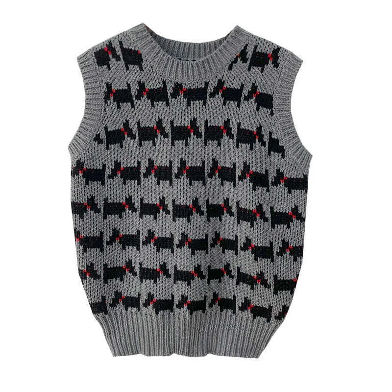 Kanske du kvinnor väst tröja crew neck stickad pullover ärmlös grå röd hund vinter preppy stil m0232 210529