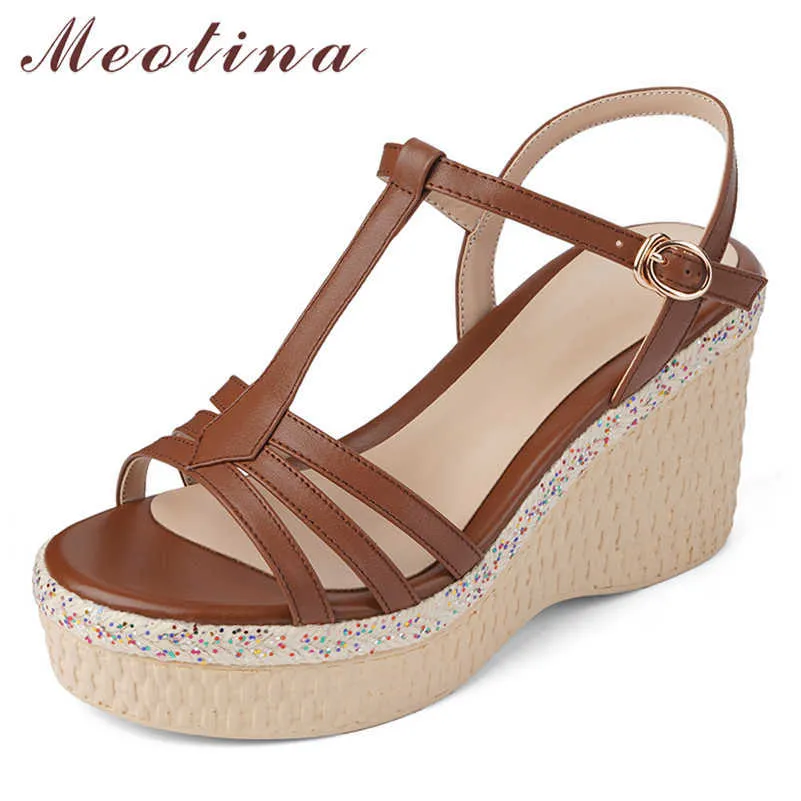 Meotina Sapatos Mulheres Natural Sandálias De Couro Genuíno Cunhas Super High Heel Sandal T-Strap Redondo Toe Senhoras Calçado Verão Brown 210608