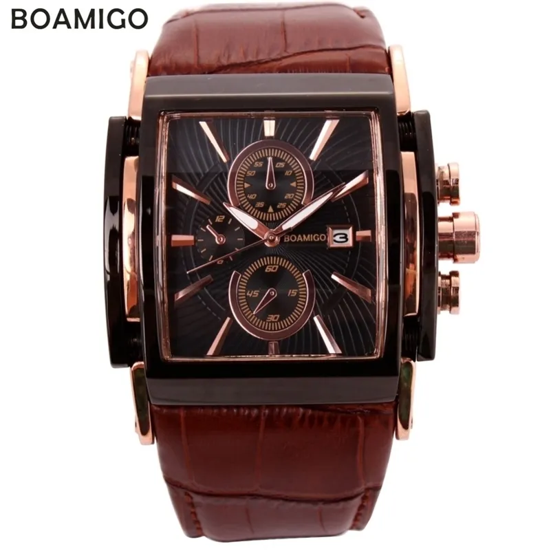 BOAMIGO hommes montres à quartz grand cadran mode montres de sport décontractées en or rose sous-cadrans horloge en cuir marron montres-bracelets pour hommes 210329