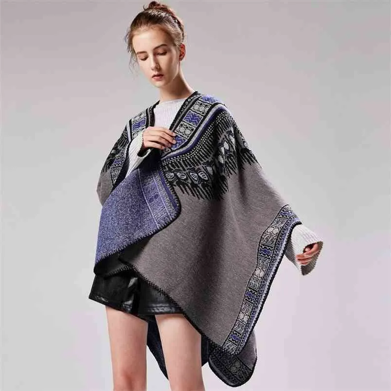 Women's Abstract Pattern Thickened Split Shawl Wrap Swing C Casual Tassel Computer Knitted Thick Plaid For Autumn And Winter 210427