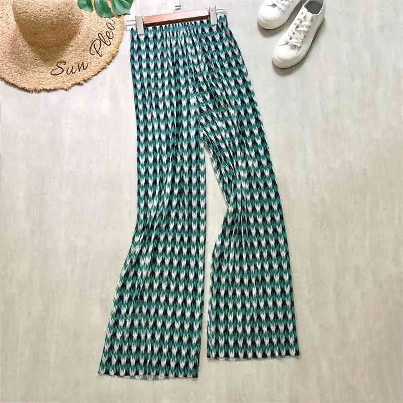 Summer Women Fashion Pleated Houndstooth High Waist Wide Leg Pants Loose Elastic Casual Trousers Free 210527