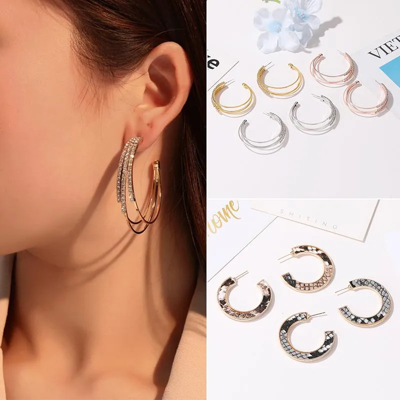 Hoop Huggie Metal Big Circle Geometric Multi-Layer Rhinestone Ear Ring Set Women's Earrings Printed C-formade tappar