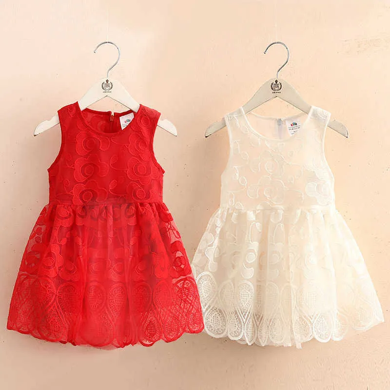 Estate 2-10 anni Bambino Bianco Rosso Bambini Ricamo Geometrico Tank Sundress Little Baby Girl Abito senza maniche in pizzo 210529