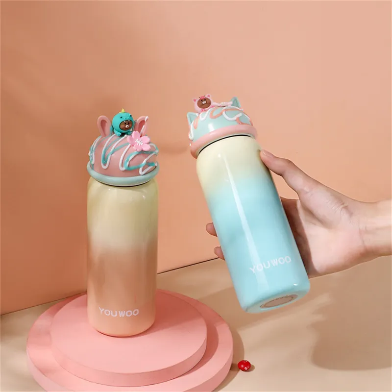 360ml Insulated Vacuum Flask Thermal Milk Coffee Stainless Steel Thermos Cartoon Ice Cream Shaped Lids Water Bottles