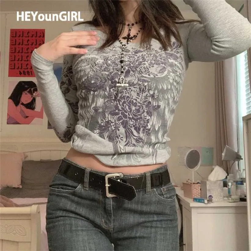 Heyoungirl Harajuku Alışveriş Merkezi Gotik Grafik T Gömlek Baskılı Grunge Temel Kırpma Üst Tişörtleri 2000s Estetik Sonbahar Tee Gömlek 220114