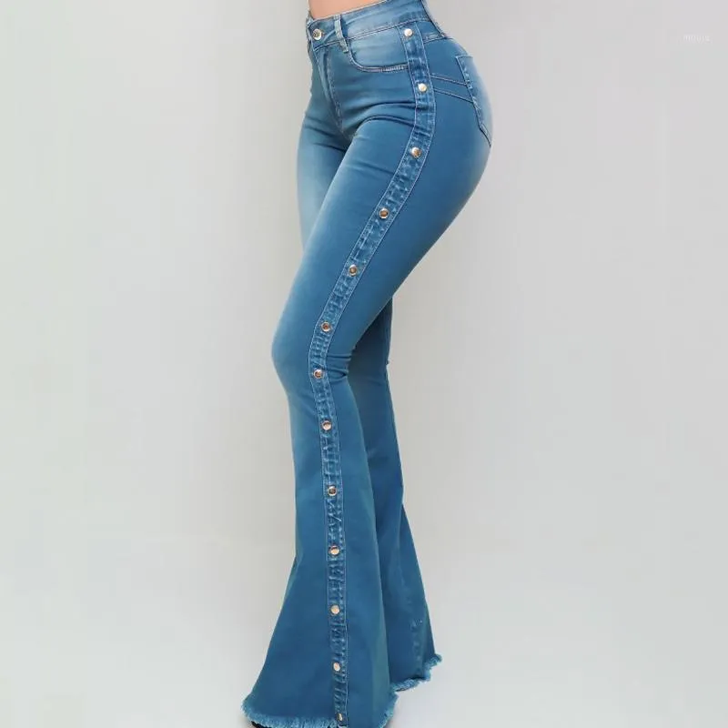 Heren jeans plus size blauw gewassen flare denim moeder voor vrouwen winter lente kleding skinny zijstripe hoge getailleerde lovertjes