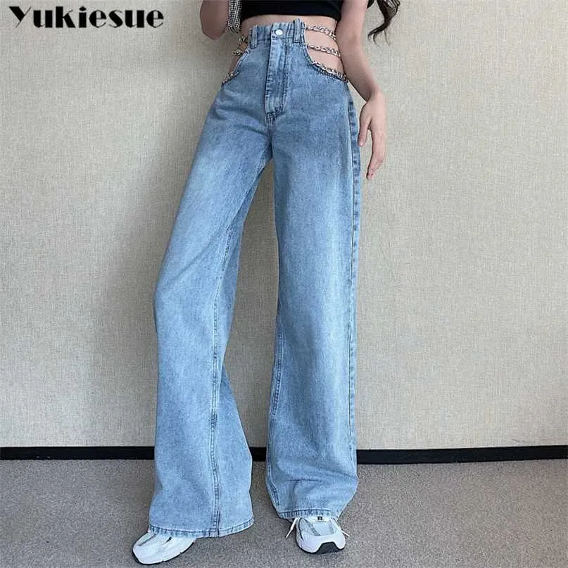 streetwear Catena trasversale laterale Scava fuori Jeans da donna a gamba larga Pantaloni a vita alta Sexy Donna elegante Europa Moda donna 211129